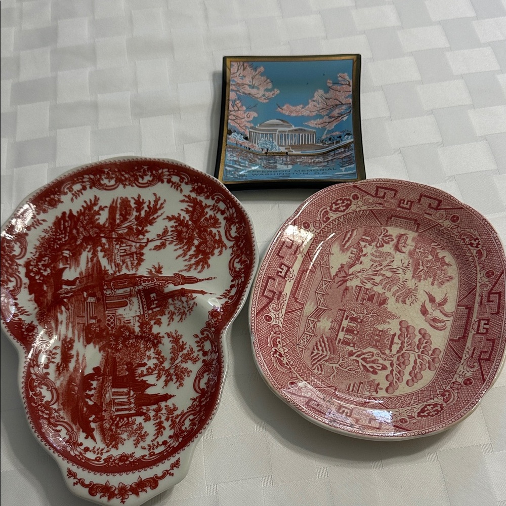 Red Transferware Decorative Plates and Trinket Dish